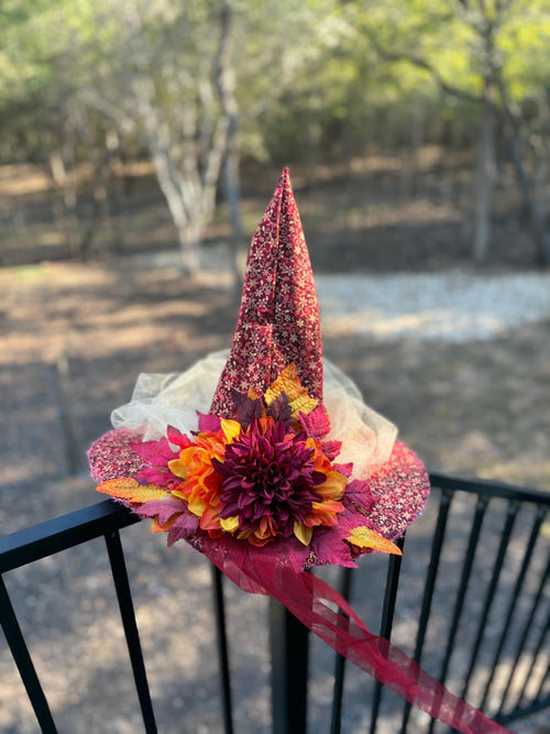 Witch Hat with Autumn Red Sunflower and Tulle | Witch Fashion