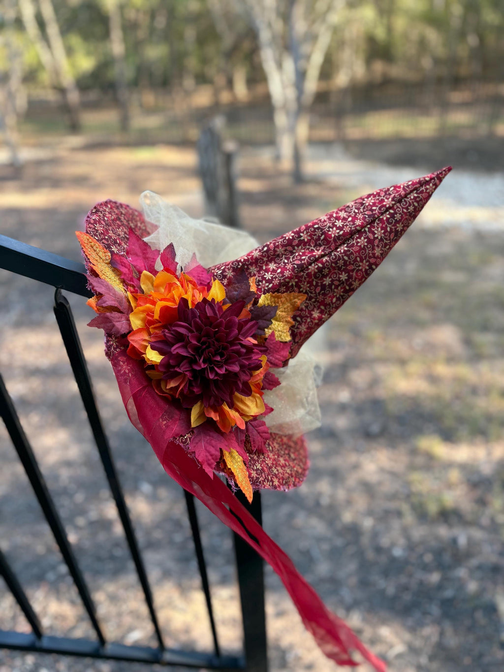Witch Hat with Autumn Red Sunflower and Tulle | Witch Fashion