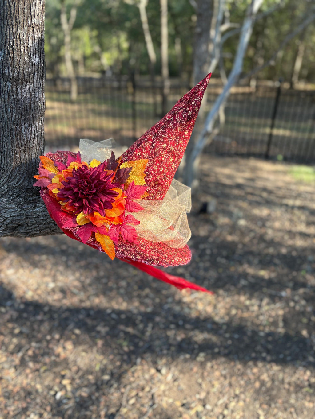 Witch Hat with Autumn Red Sunflower and Tulle | Witch Fashion