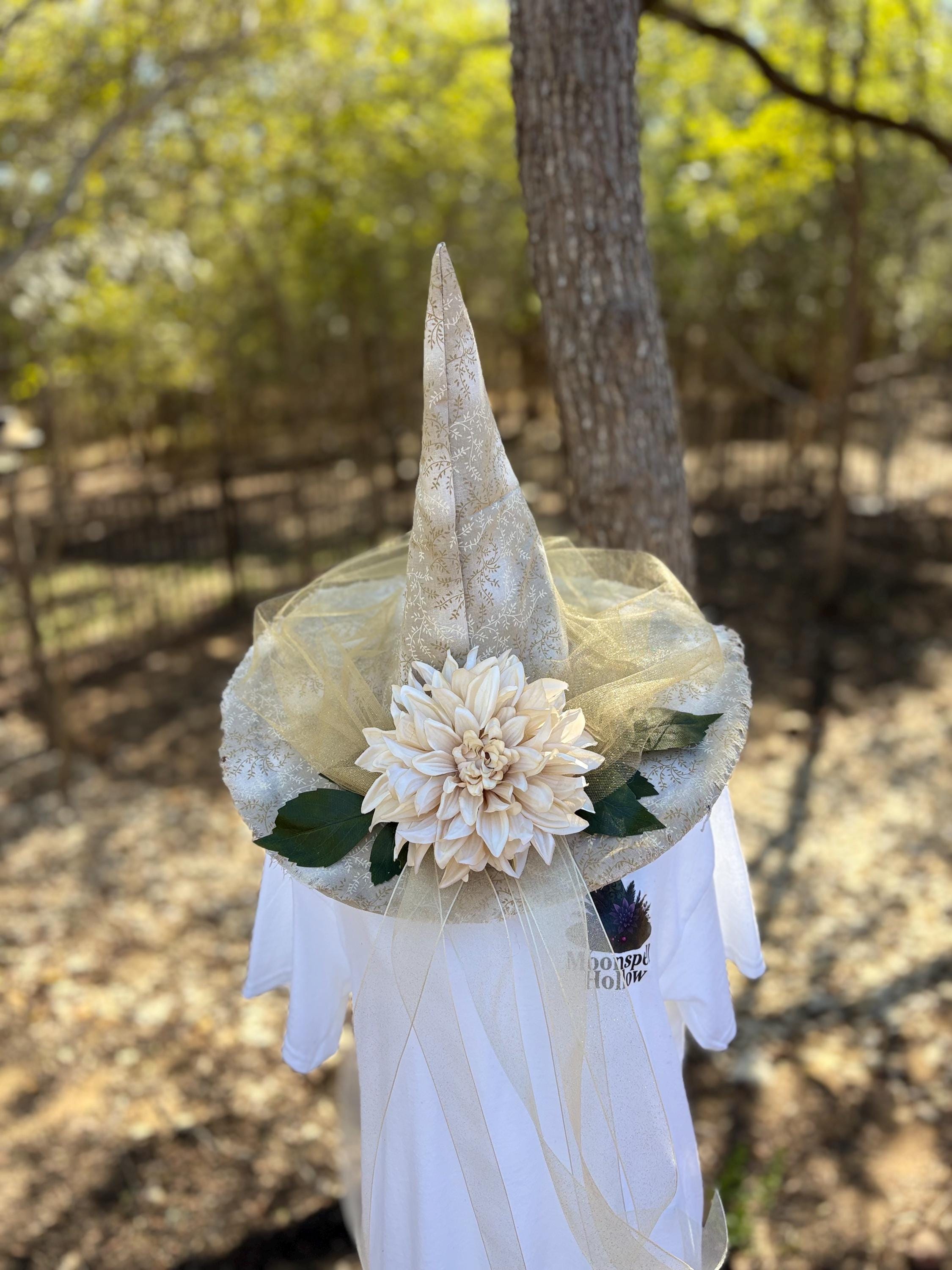 Witch Hat in Ivory & Gold | Winter Witch Elegant Yule Headpiece.