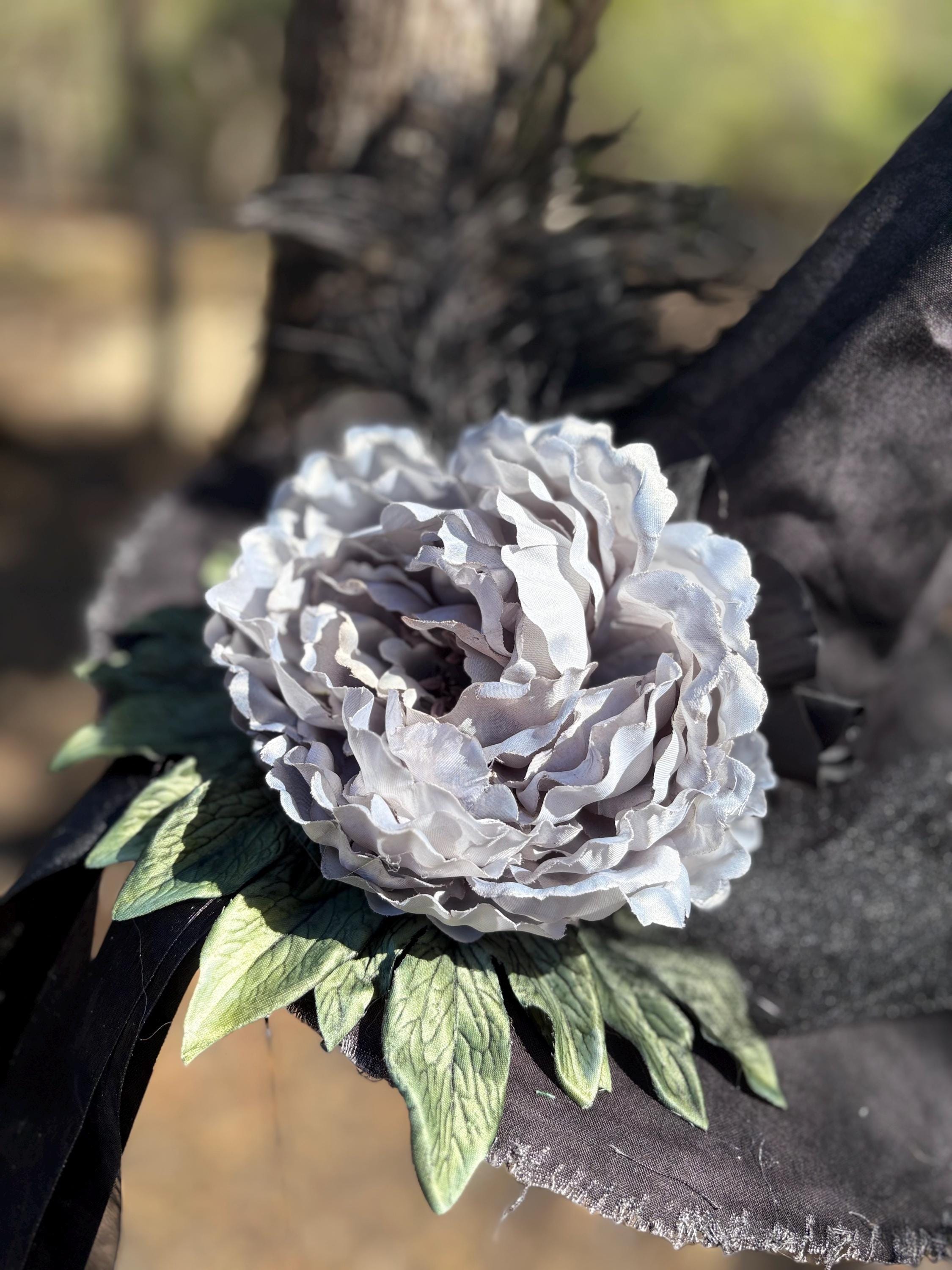 Witch Hat in Black & Grey with Skeleton Key and Feather |Gothic Cottacore Halloween Hat