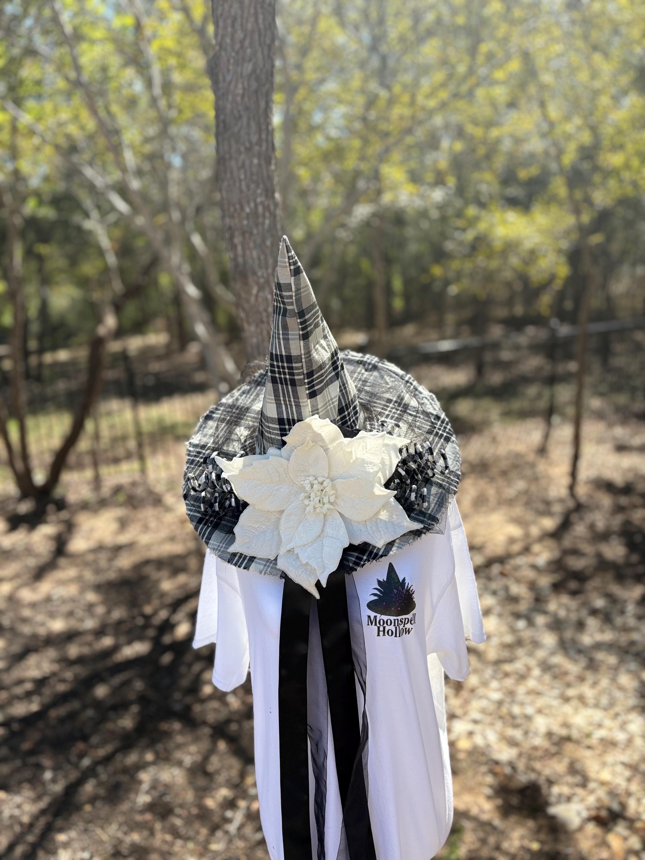 Witch Hat in Winter Plaid with White Poinsettia & Detail | Gothic Costume Hat