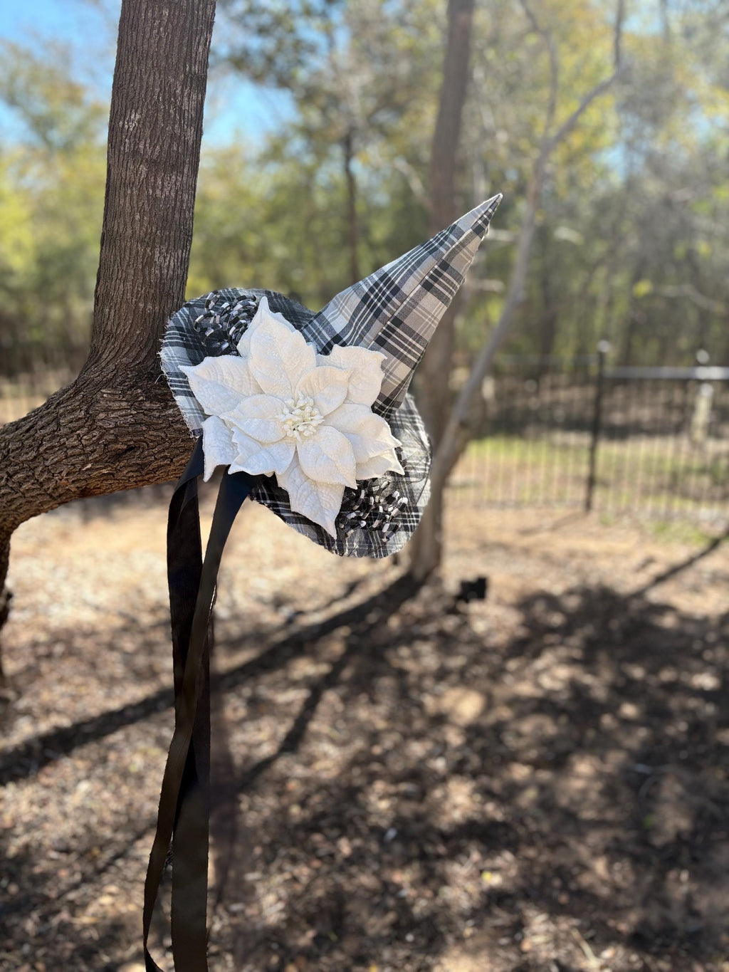 Witch Hat in Winter Plaid with White Poinsettia & Detail | Gothic Costume Hat