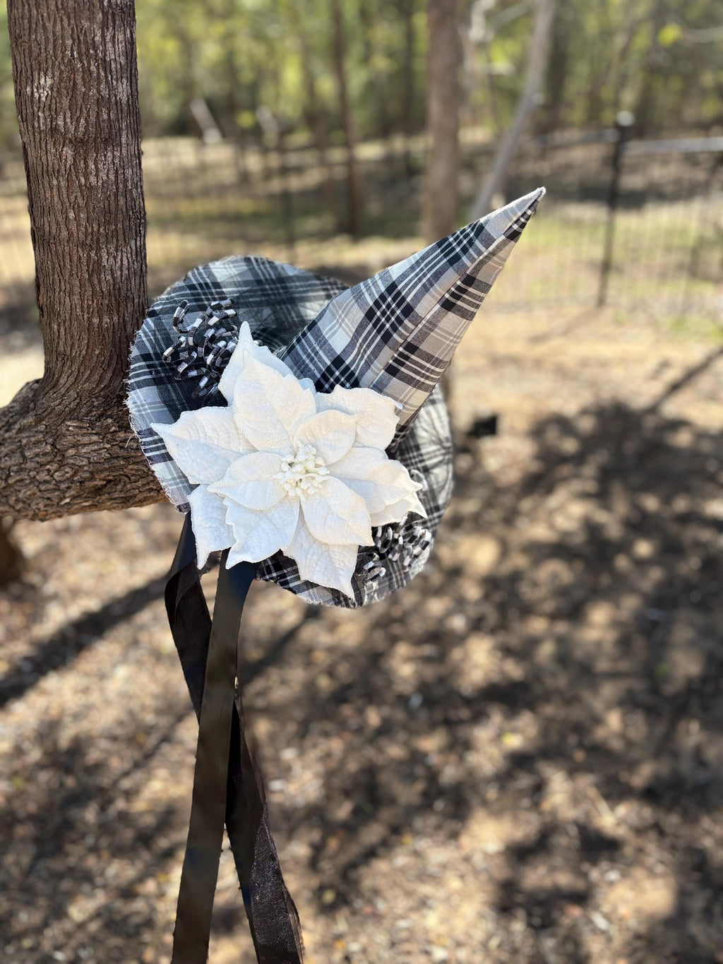 Witch Hat in Winter Plaid with White Poinsettia & Detail | Gothic Costume Hat