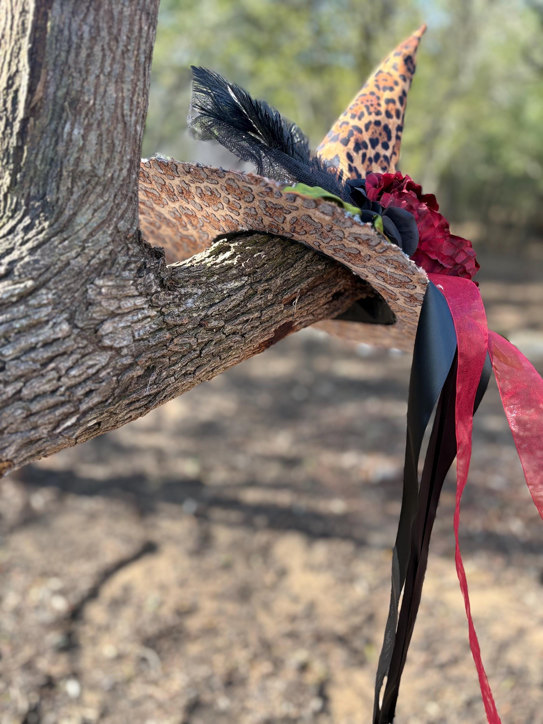 Witch Hat in Leopard Print | Handmade costume with vintage Key & Feathers| Witch Elegance