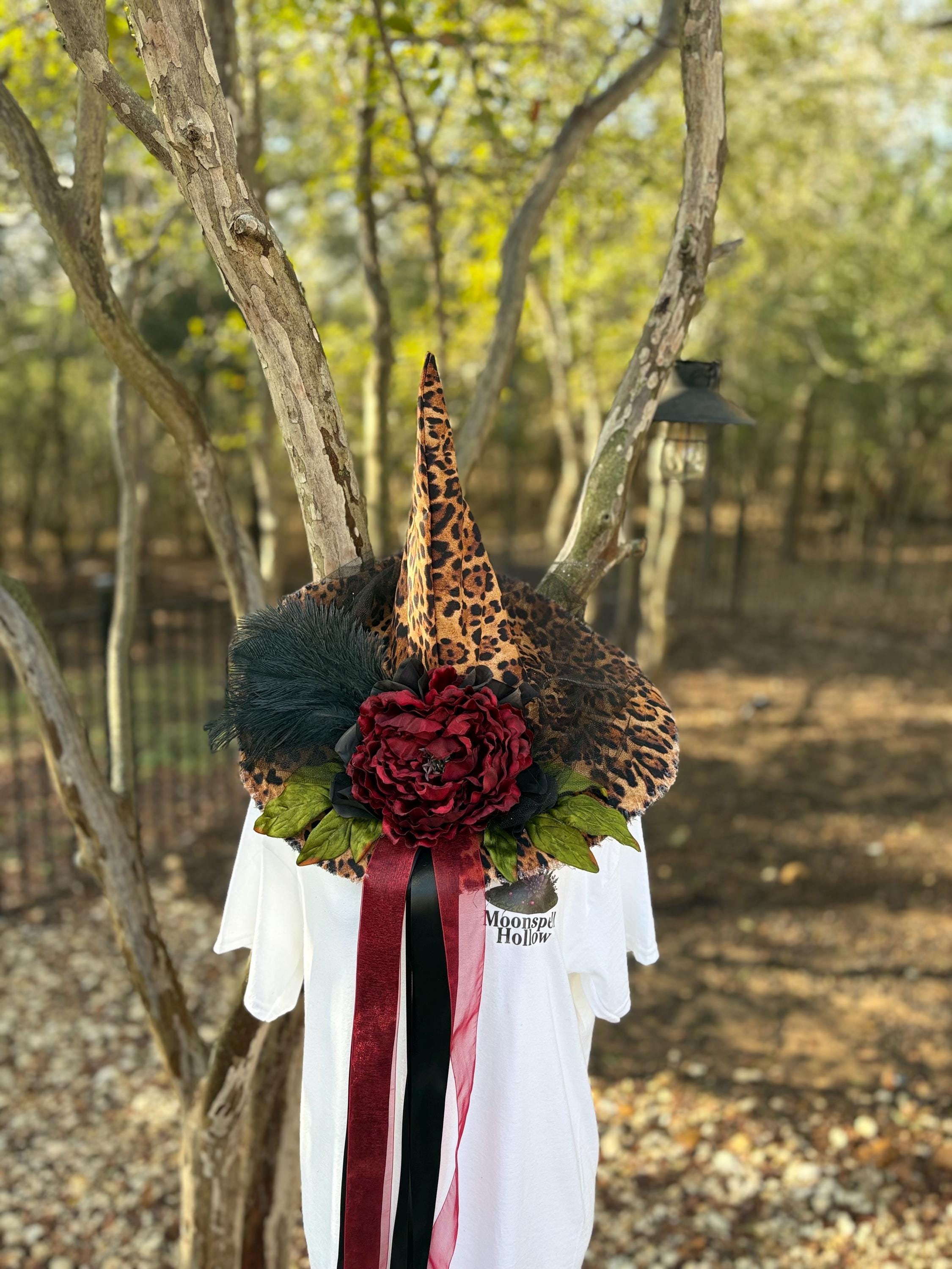 Witch Hat in Leopard Print | Handmade costume with vintage Key & Feathers| Witch Elegance
