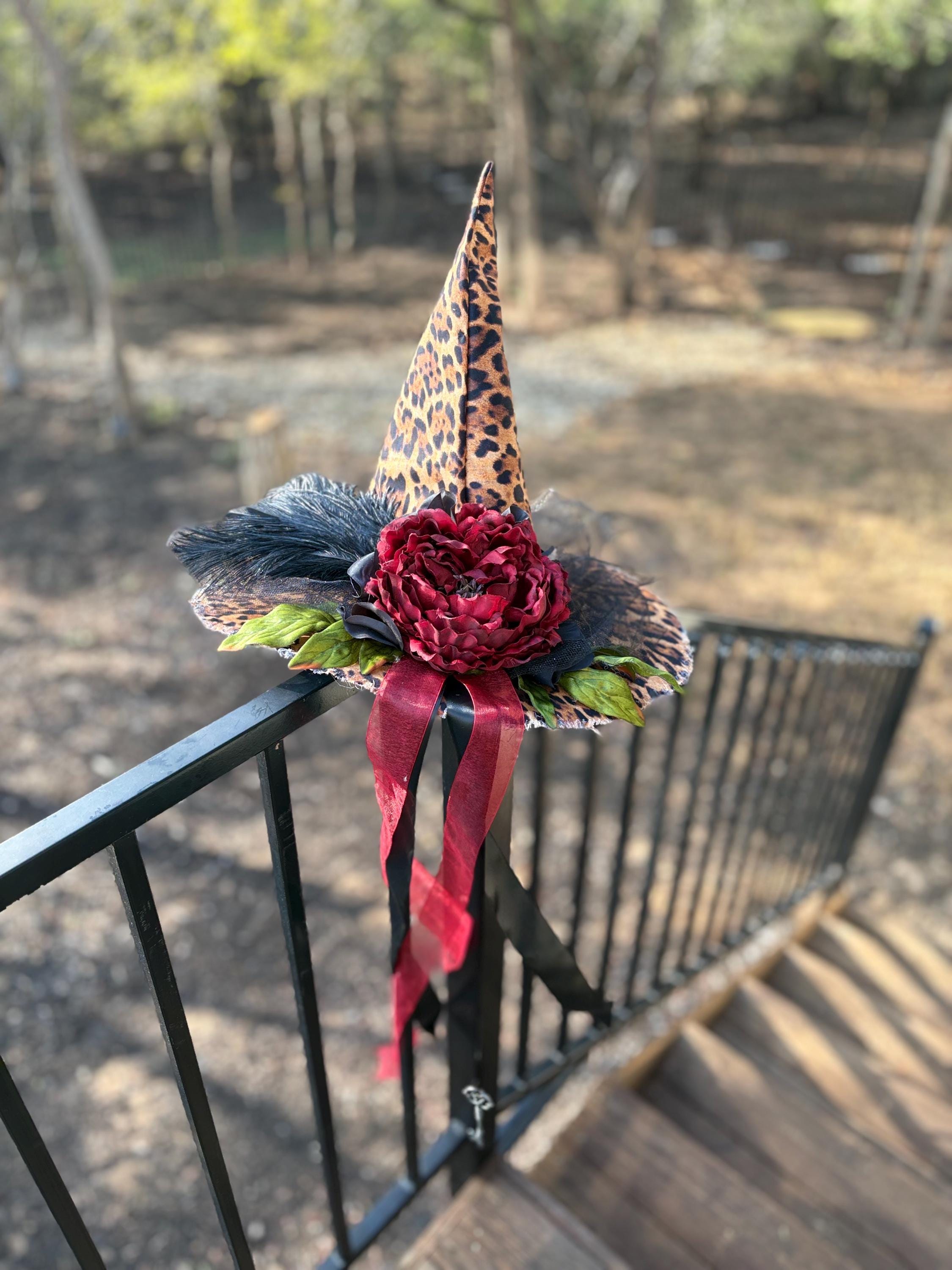 Witch Hat in Leopard Print | Handmade costume with vintage Key & Feathers| Witch Elegance