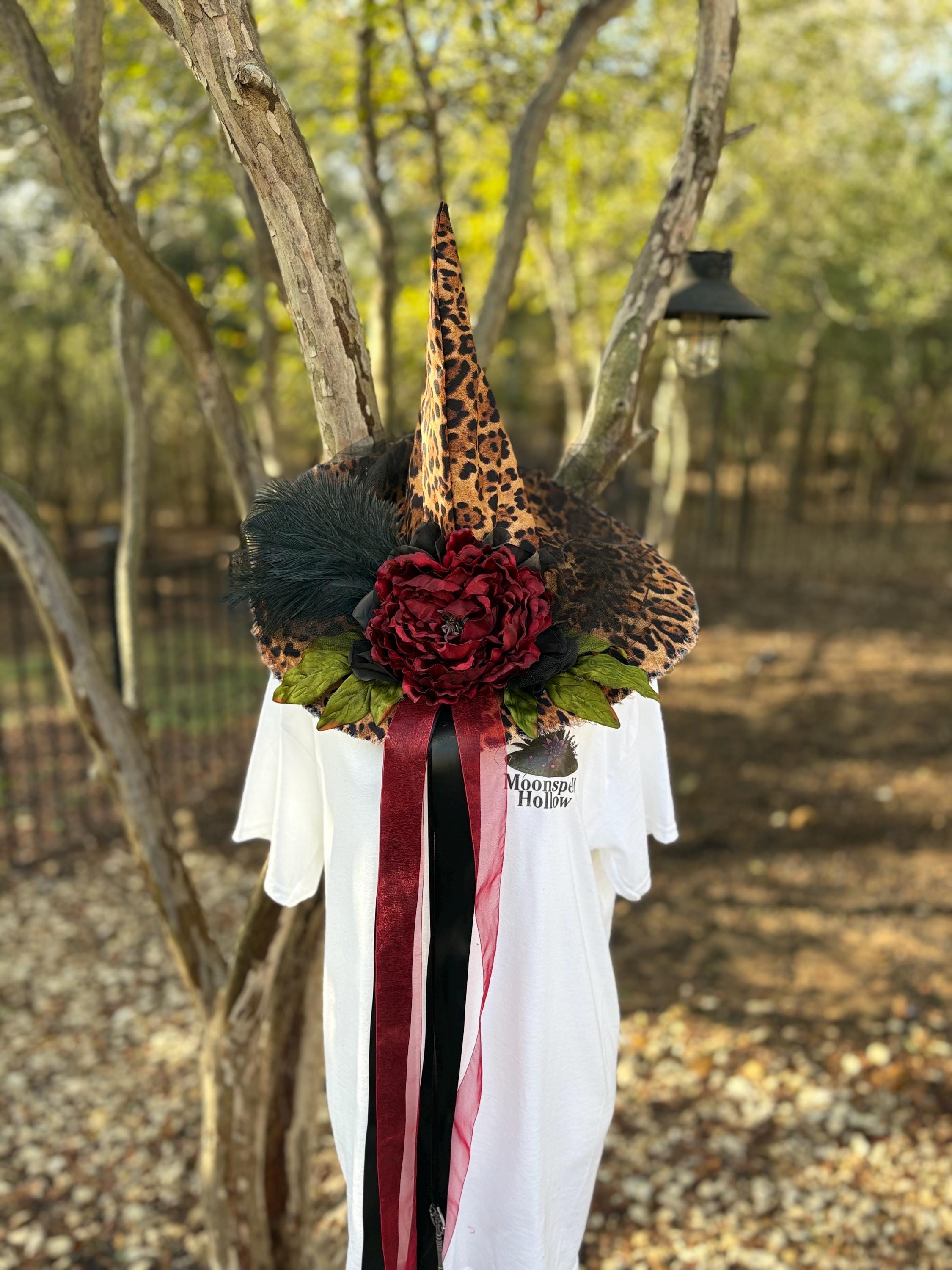 Witch Hat in Leopard Print | Handmade costume with vintage Key & Feathers| Witch Elegance