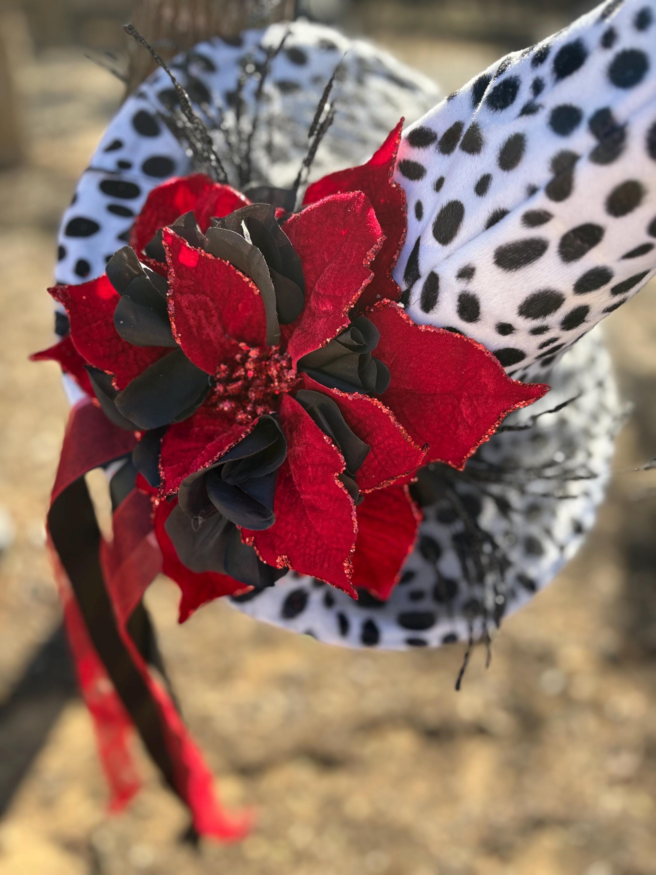 Witch Hat in Dalmatian Print| Red Poinsettia, Black Detail| Witch Elegant Fashion