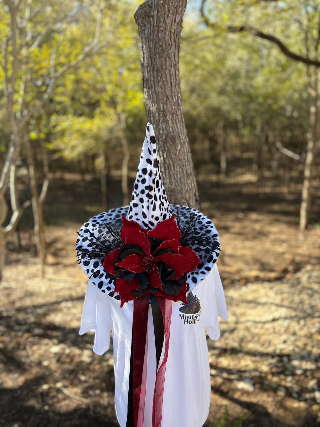 Witch Hat in Dalmatian Print| Red Poinsettia, Black Detail| Witch Elegant Fashion