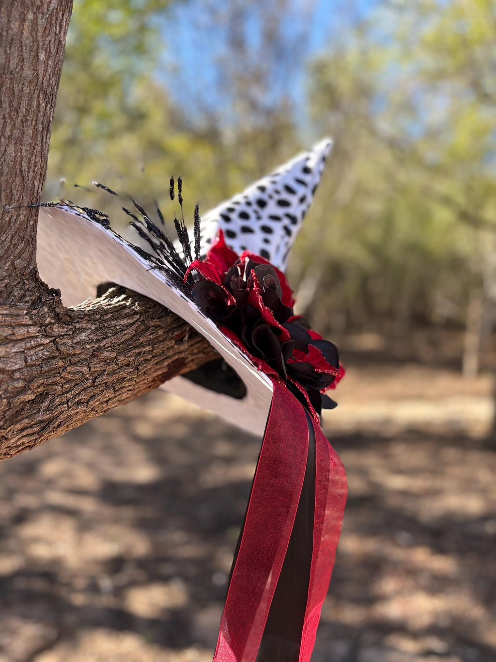 Witch Hat in Dalmatian Print| Red Poinsettia, Black Detail| Witch Elegant Fashion