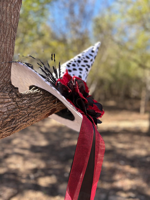 Witch Hat in Dalmatian Print| Red Poinsettia, Black Detail| Witch Elegant Fashion