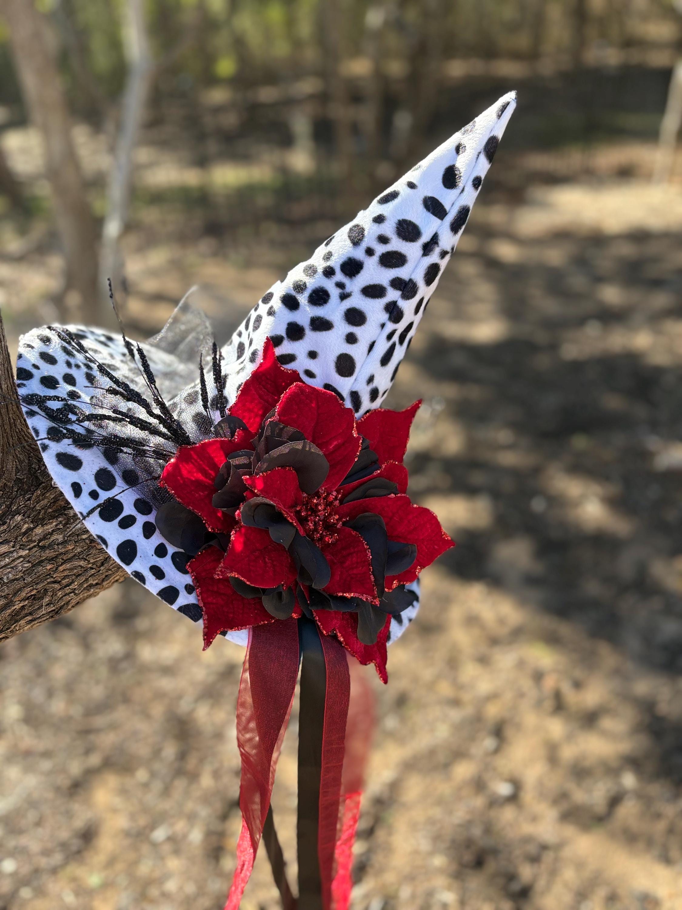 Witch Hat in Dalmatian Print| Red Poinsettia, Black Detail| Witch Elegant Fashion