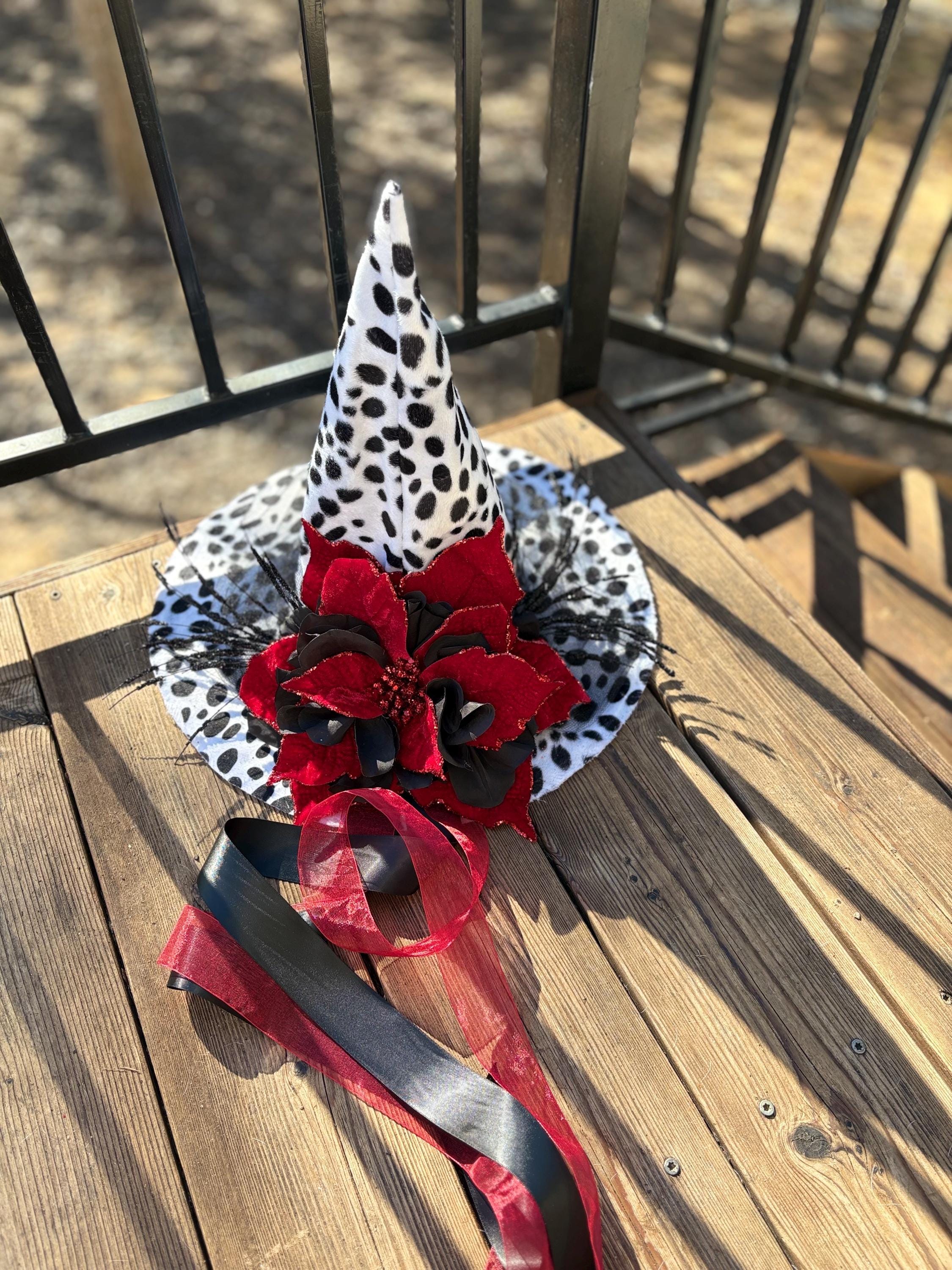 Witch Hat in Dalmatian Print| Red Poinsettia, Black Detail| Witch Elegant Fashion