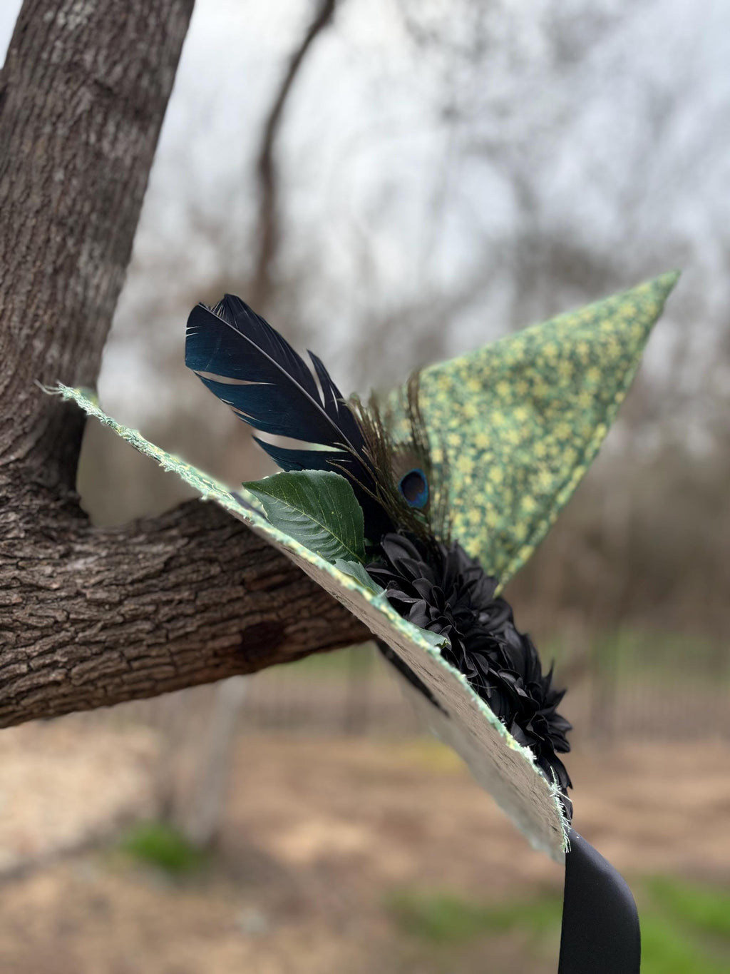 St Patrick’s Witch Hat | Emerald Green Lucky Witchy Hat with Peacock Feathers | Handmade