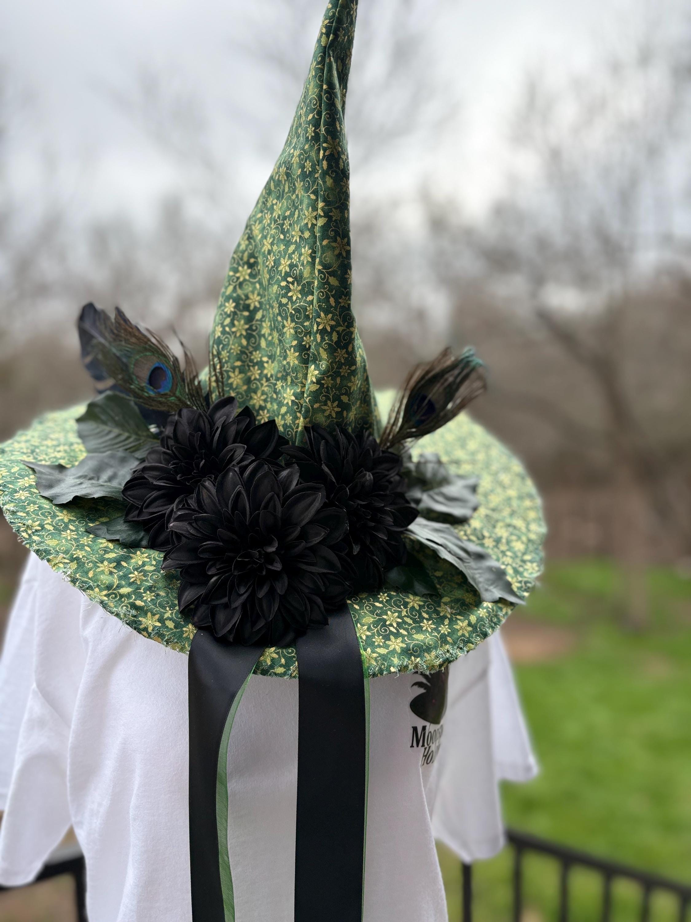 St Patrick’s Witch Hat | Emerald Green Lucky Witchy Hat with Peacock Feathers | Handmade