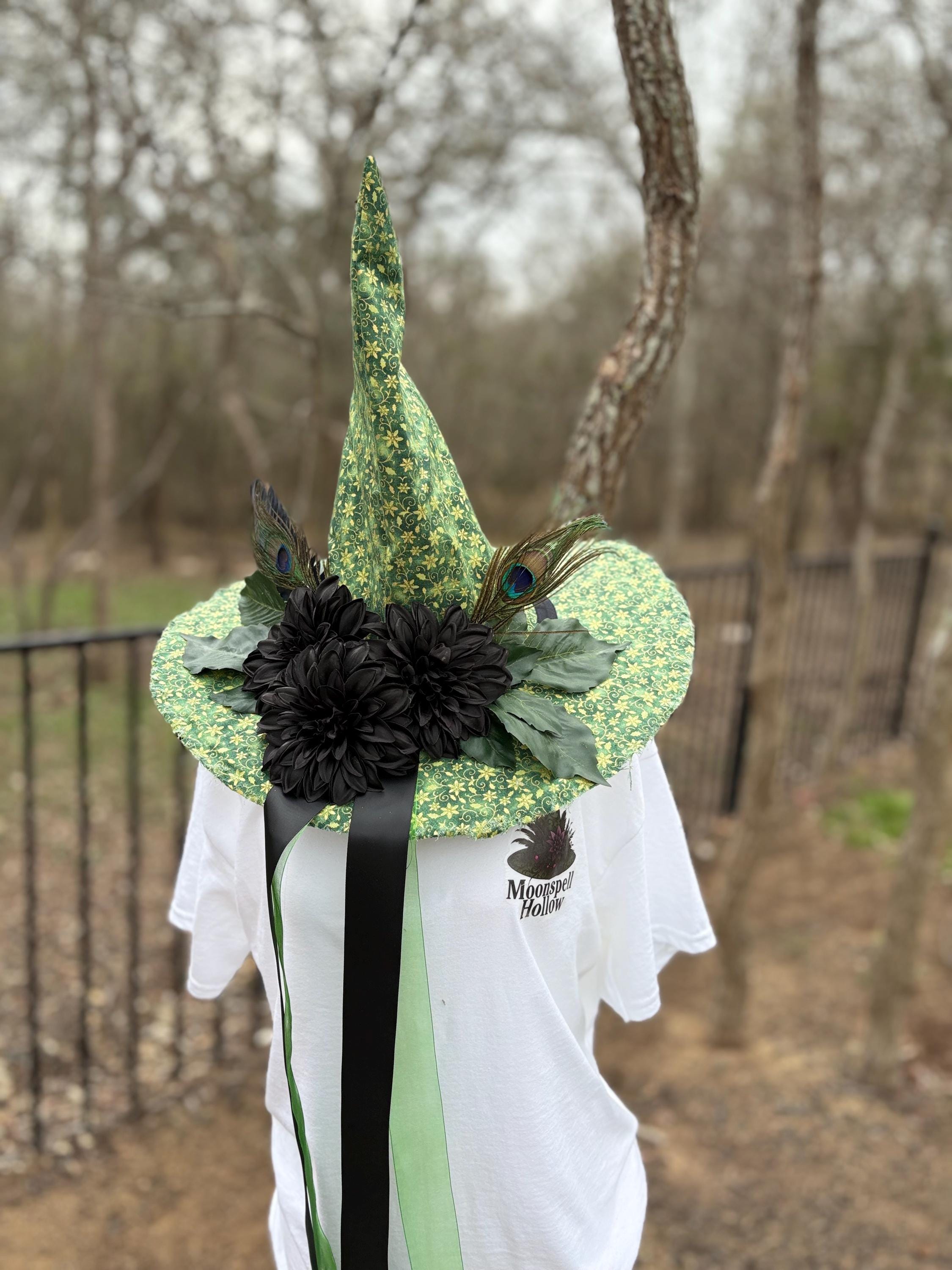 St Patrick’s Witch Hat | Emerald Green Lucky Witchy Hat with Peacock Feathers | Handmade