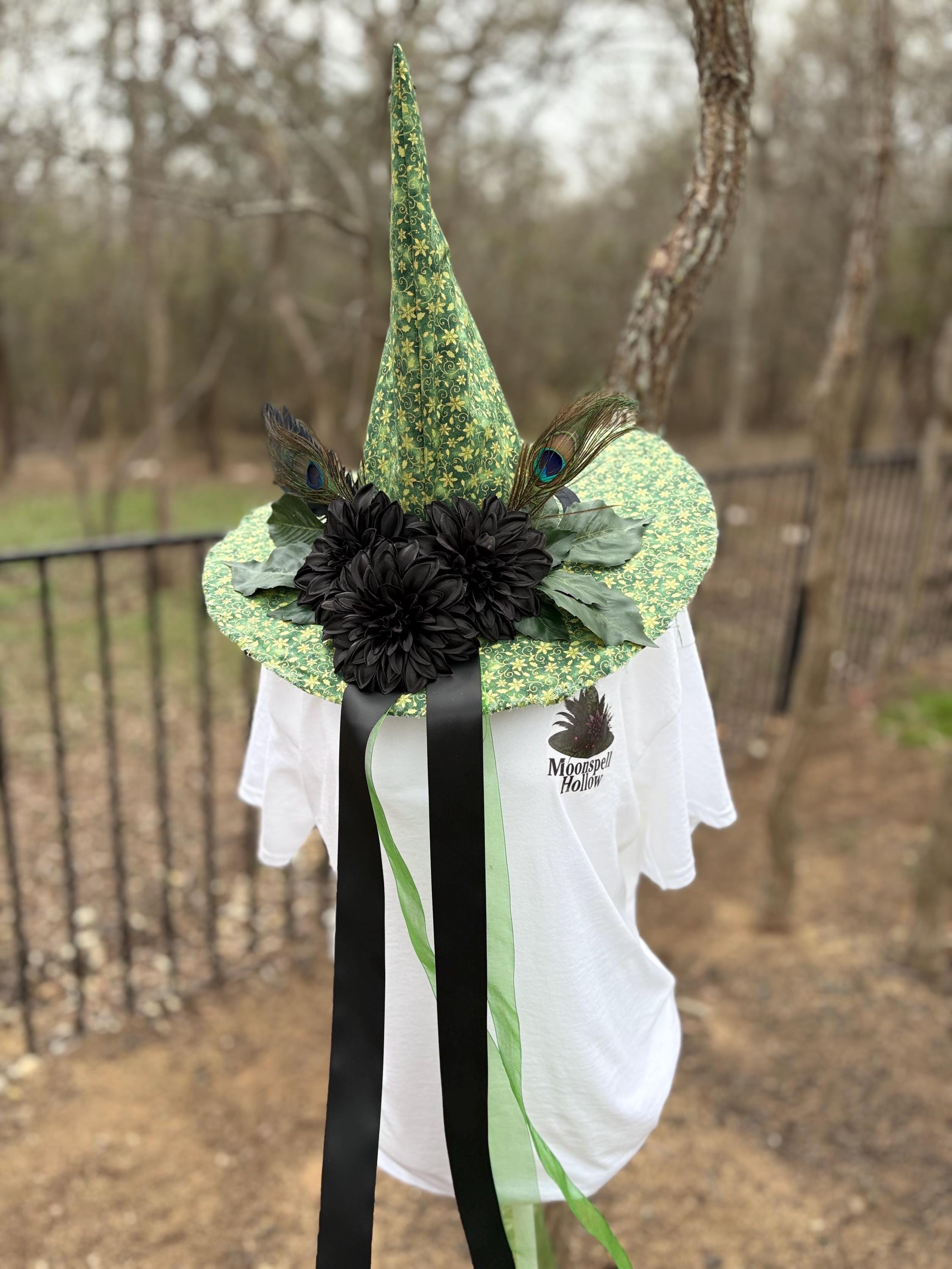 St Patrick’s Witch Hat | Emerald Green Lucky Witchy Hat with Peacock Feathers | Handmade