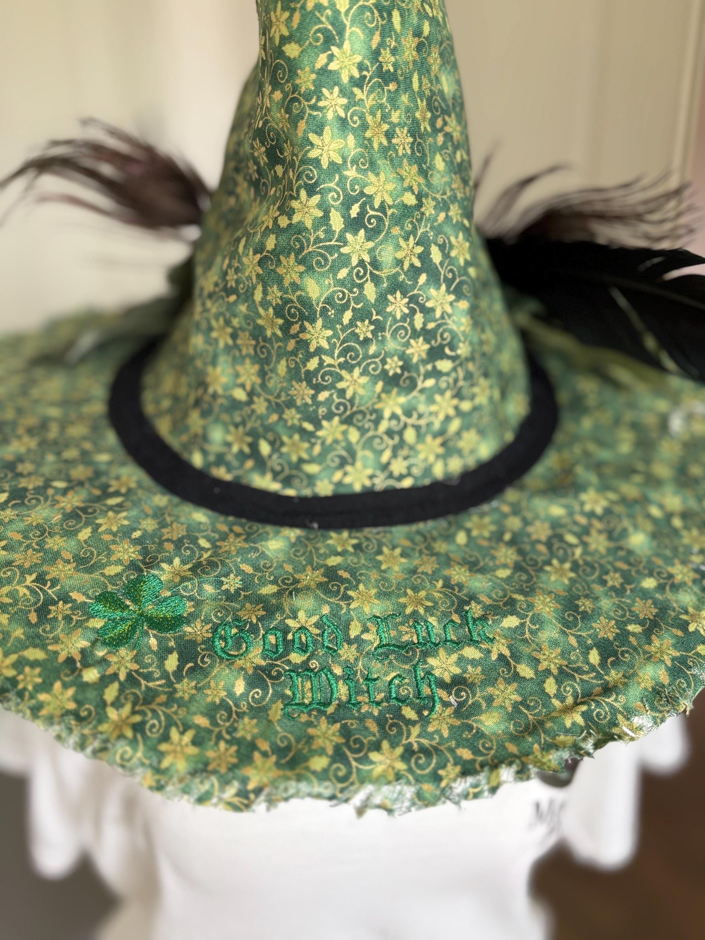St Patrick’s Witch Hat | Emerald Green Lucky Witchy Hat with Peacock Feathers | Handmade