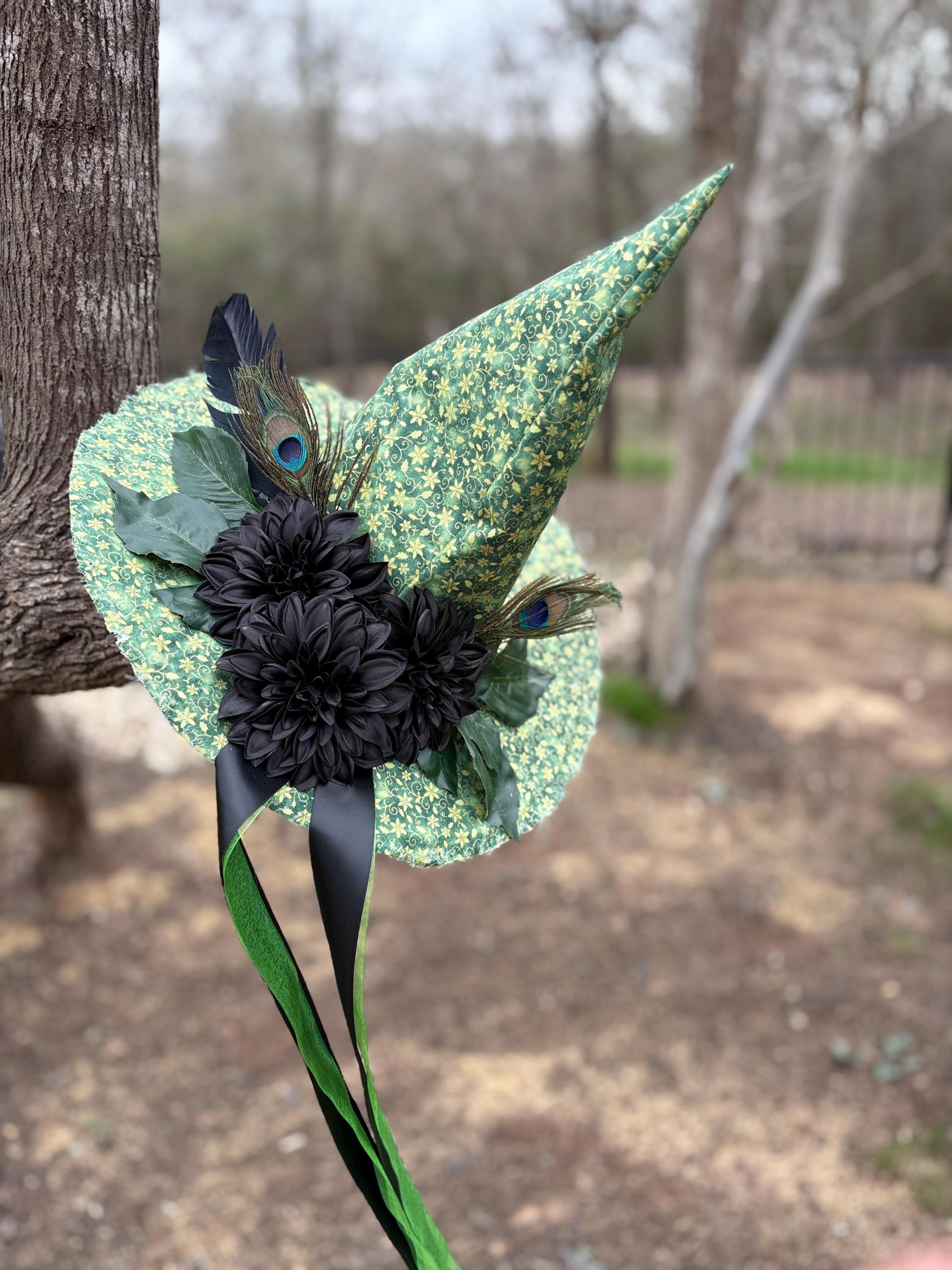 St Patrick’s Witch Hat | Emerald Green Lucky Witchy Hat with Peacock Feathers | Handmade