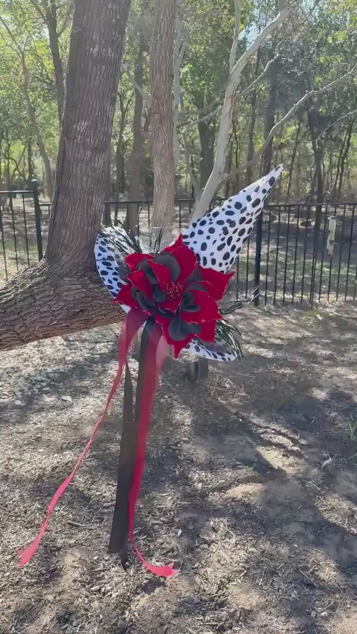 Witch Hat  in Dalmatian Print| Red Poinsettia, Black Detail| Witch Elegant Fashion