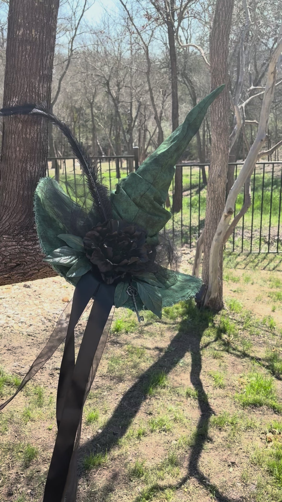 Green Witch Hat with Black Flower – Forest Gothic Halloween Costume, Handmade Statement Piece