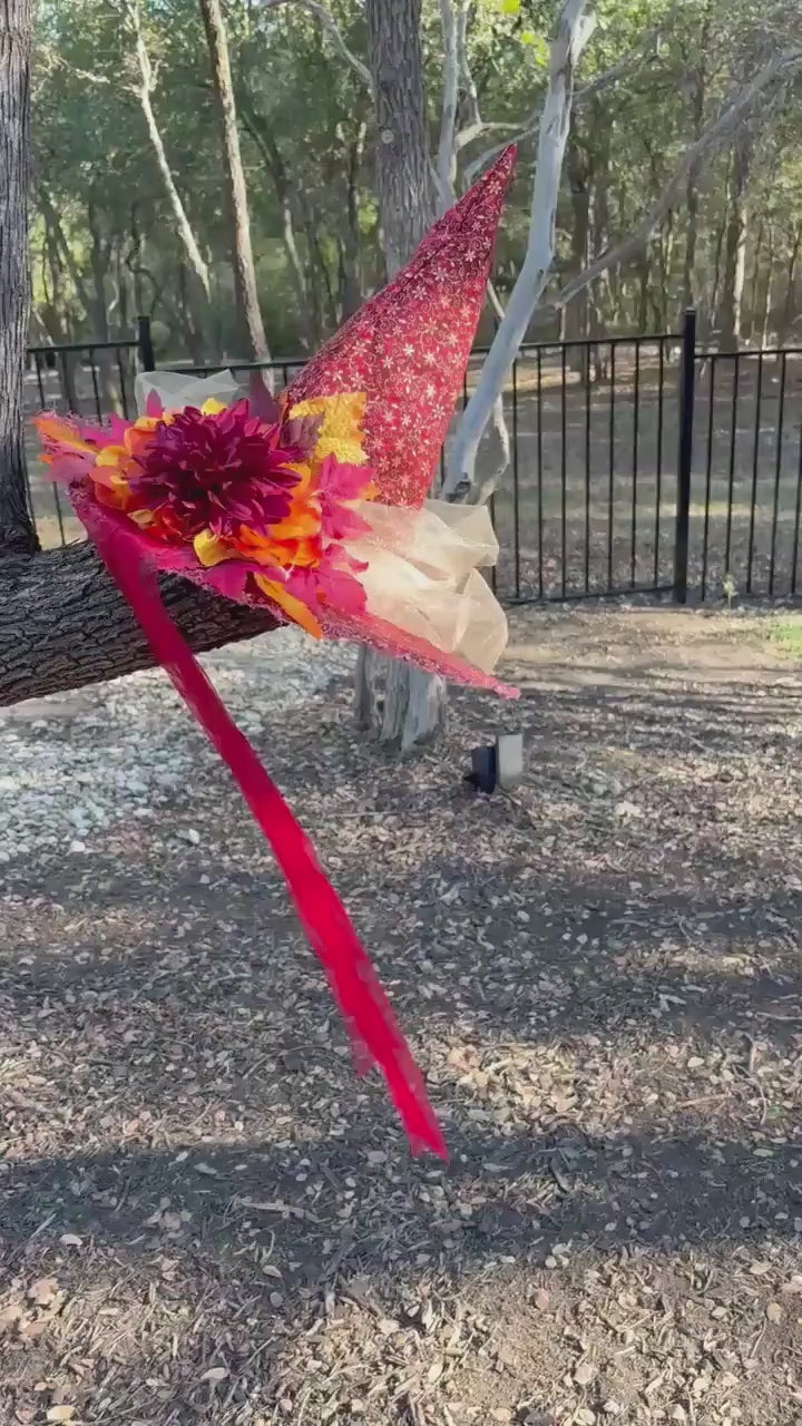 Witch Hat with Autumn Red Sunflower and Tulle | Witch Fashion